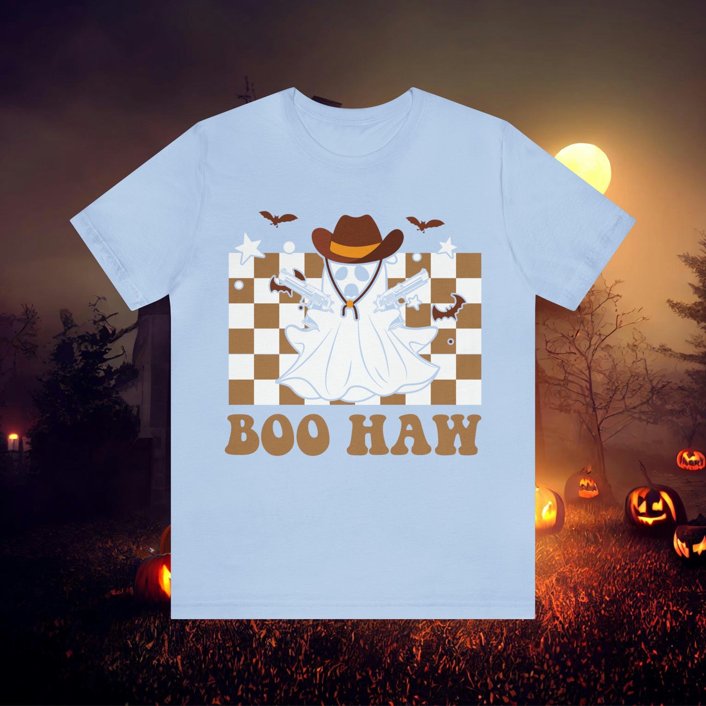 Cowboy Gunslinging Ghost saying Boo Haw Retro Western Halloween Unisex Jersey Short Sleeve Tee Gifts for Him Gifts for Her