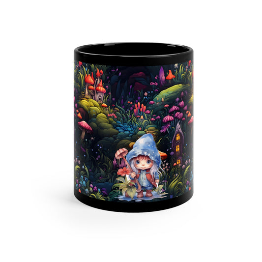 Fairy Tale Magical Forest With Colorful Mushrooms with little gnome girl11oz Black Mug