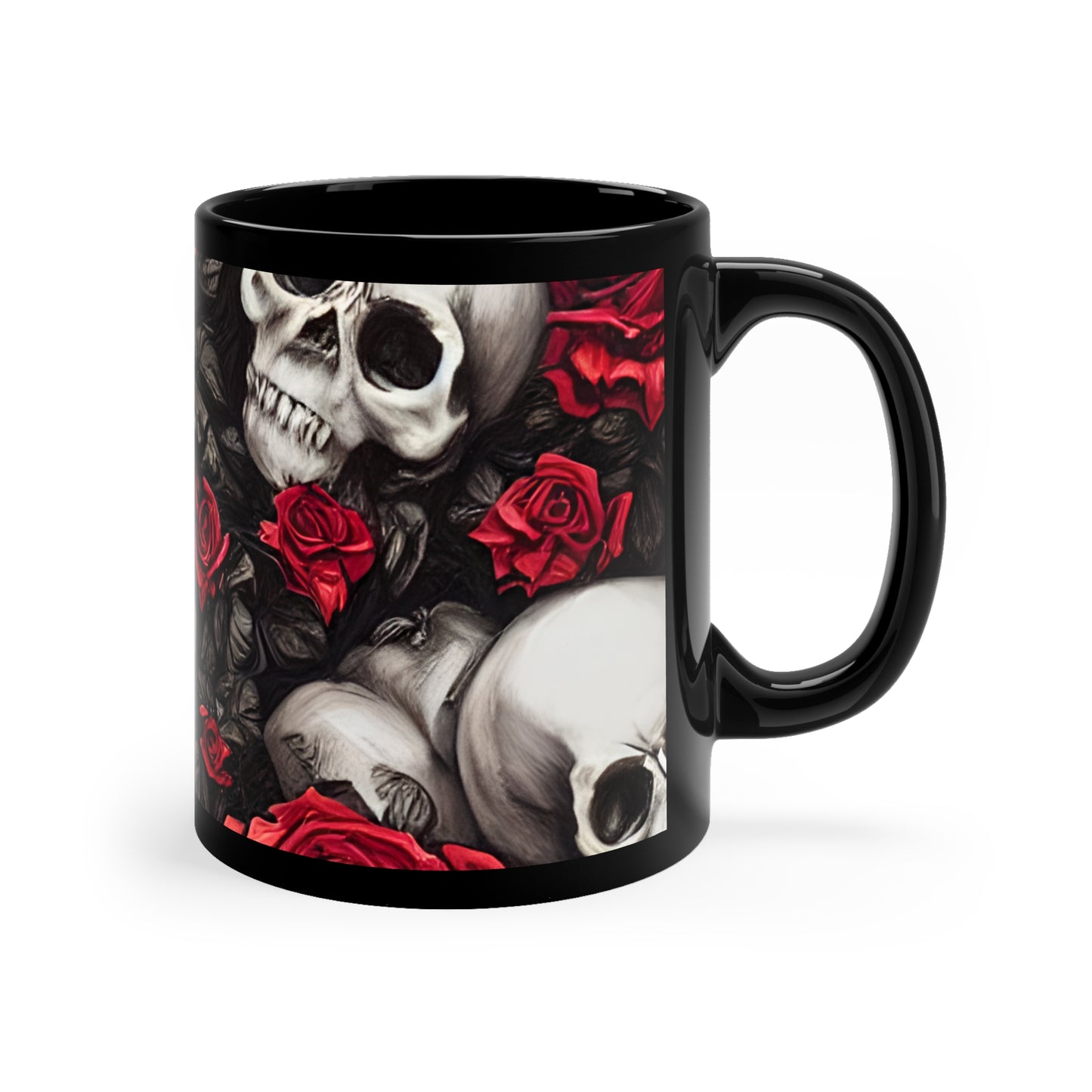 Hyper Realistic Skulls and Red Roses by artist Anne-Laure Goupil 11oz Black Mug