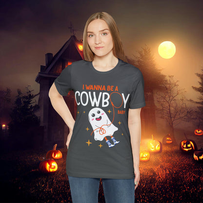 Little Ghost Saying I wanna be a cowboy baby Retro Groovy Western Halloween Unisex Jersey Short Sleeve Tee Gifts for Him Gifts for her.