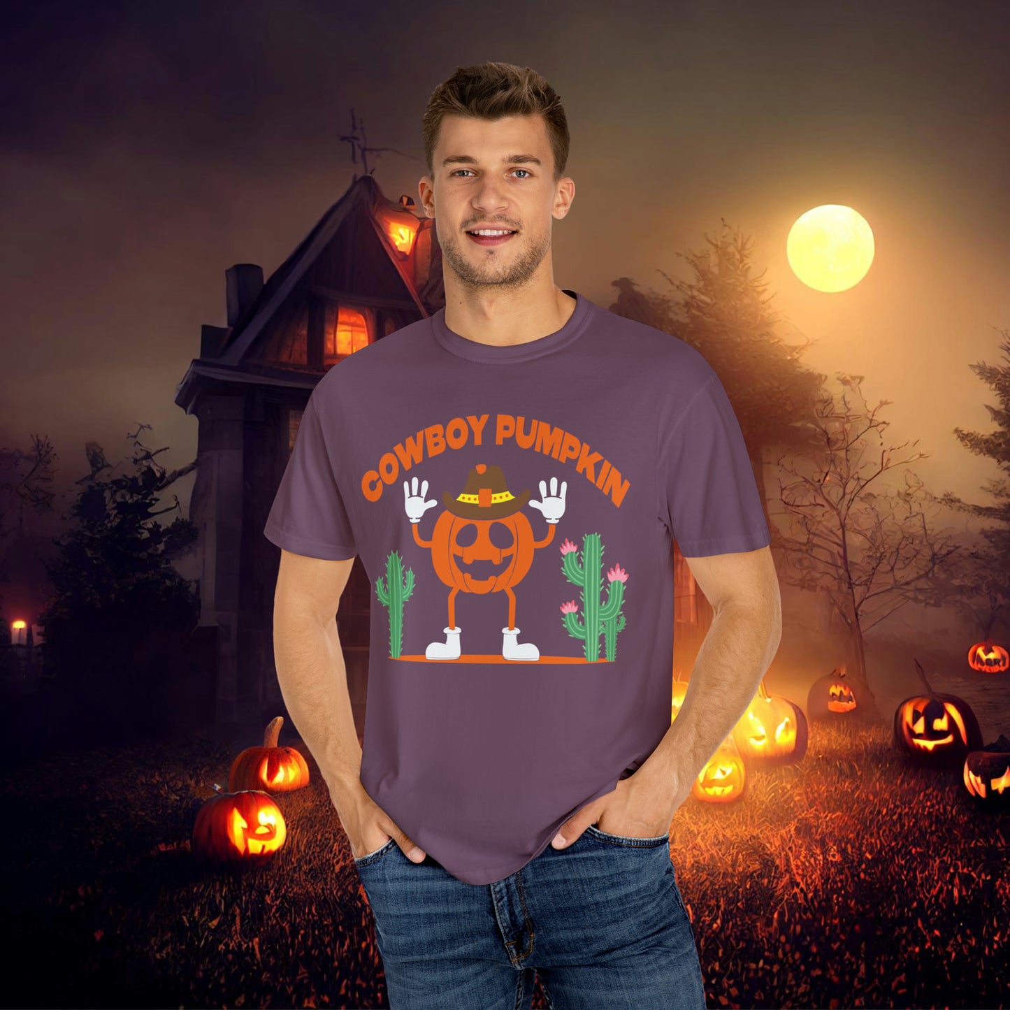 Cowboy Pumpkin Retro Groovy Halloween Unisex Garment-Dyed T-shirt Gifts for Him Gifts for Her