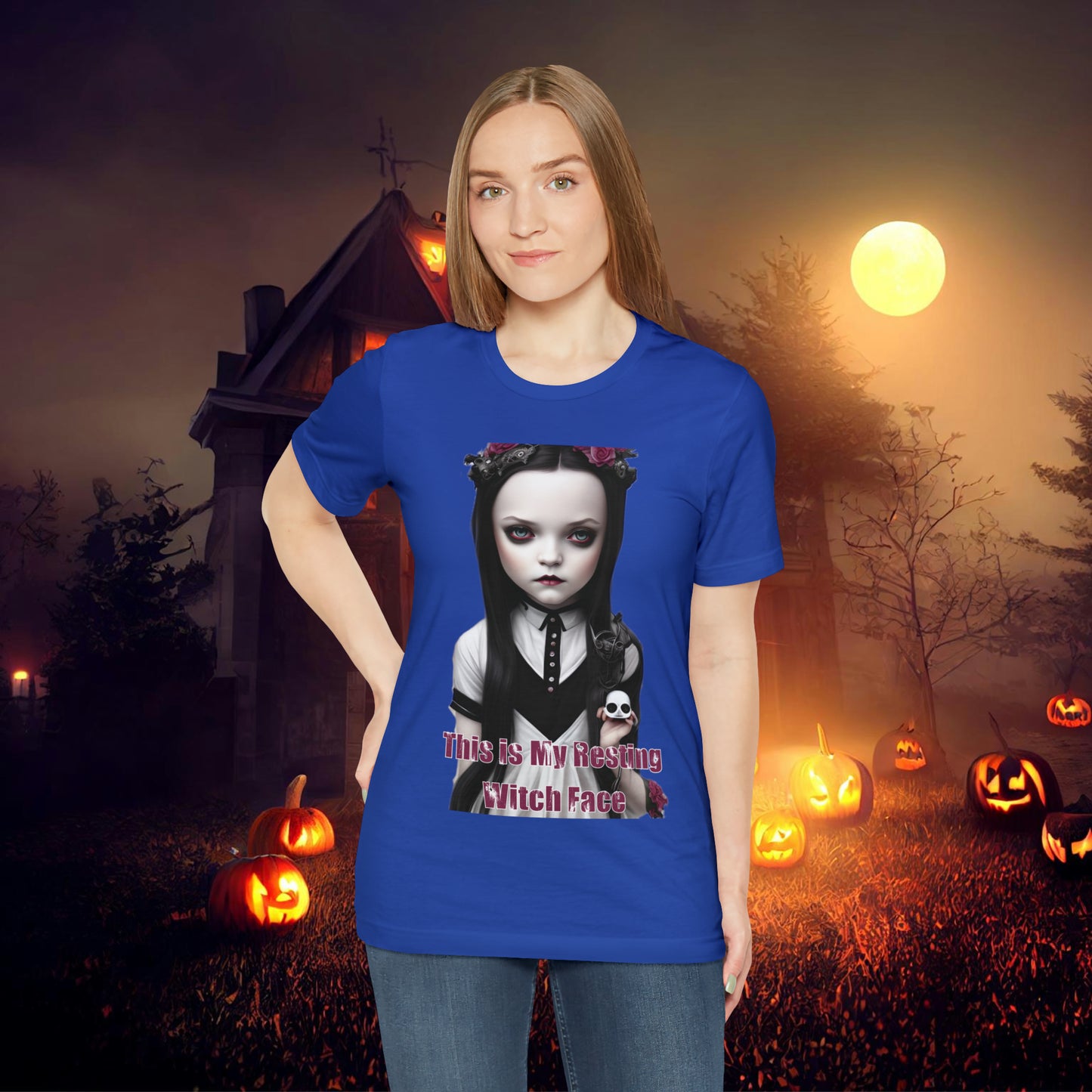 Wednesday Addams Chibi by Charlie Bowater This Is my Resting Witch Face Halloween Unisex Jersey Short Sleeve Tee