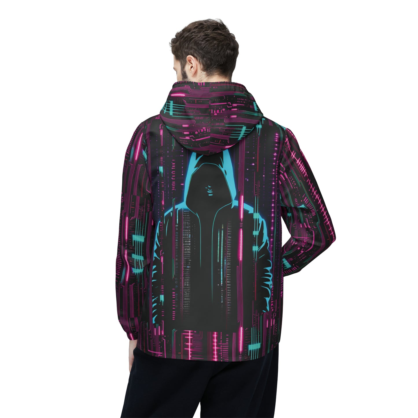 Cyberpunk Hacker Windbreaker Jacket (AOP)  #HackerChic #FashionFuturist #NerdyAndProud"