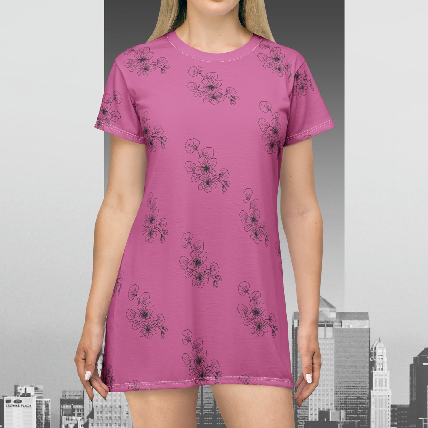 Floral Patter on pink T-Shirt Dress (AOP)