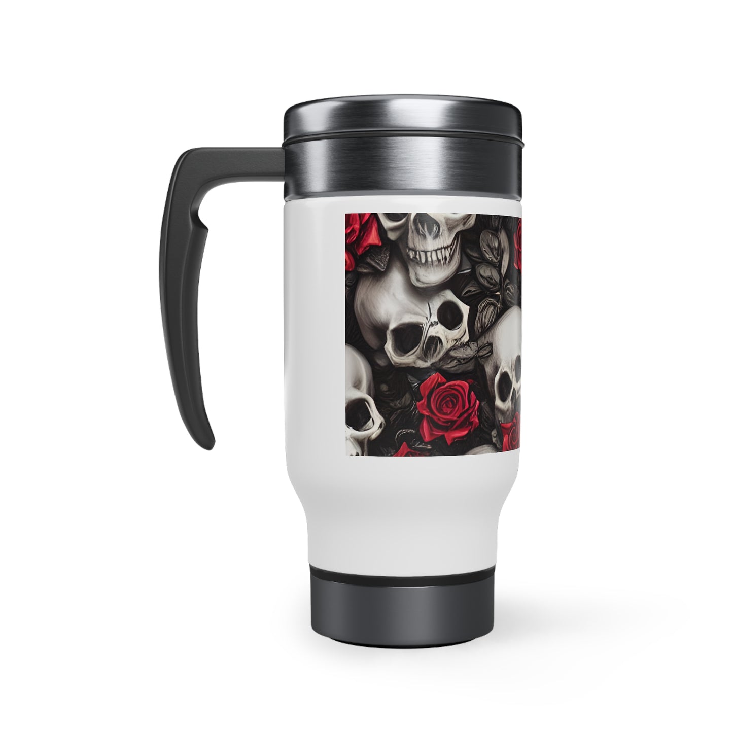 Hyper Realistic Skulls and Red Roses by artist Anne-Laure Goupil Stainless Steel Travel Mug with Handle, 14oz