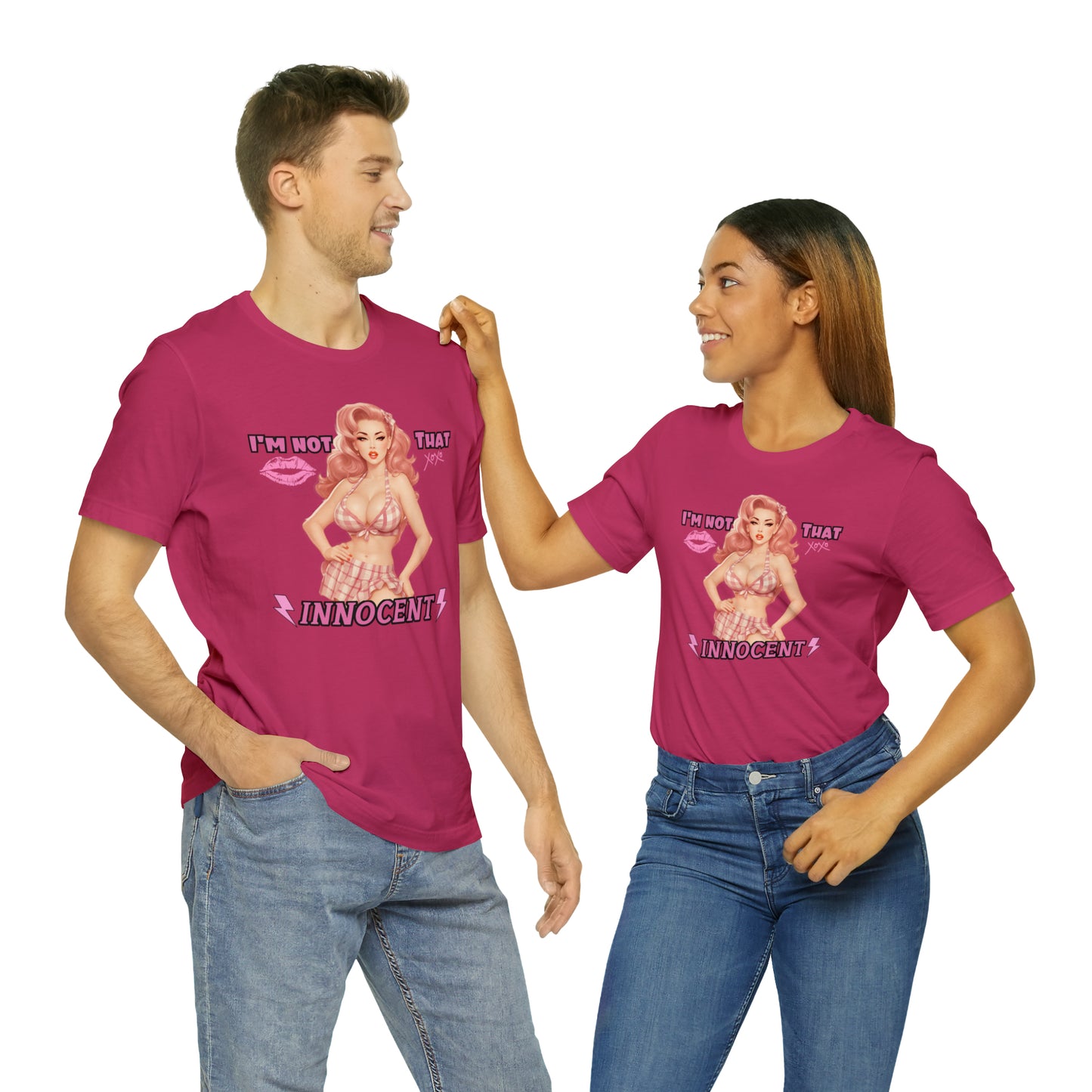 Timeless Elegance: Vintage Pink Pinup Girl "I'm not that Innocent on a Bella+Canva 3001 Unisex Jersey T-Shirt - A Must-Have Gift for her