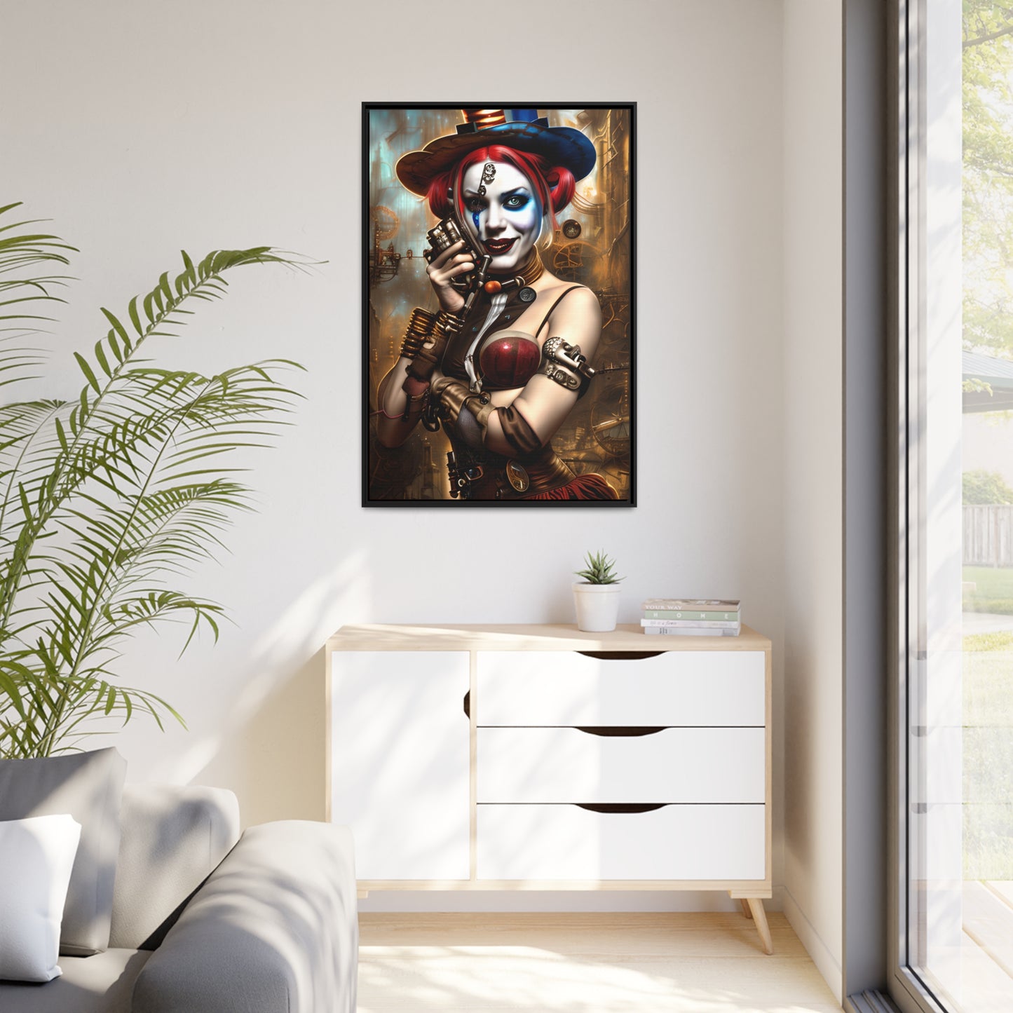 Hyper Realistic Steampunk Harley Quinn Matte Canvas, Black Frame