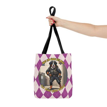 Bernese Mountain Dog Tote Bag | AOP Purple Rhombus Pattern | 'When the Going Gets Ruff, the Ruff Get Going' SWAT Gear Dog Art