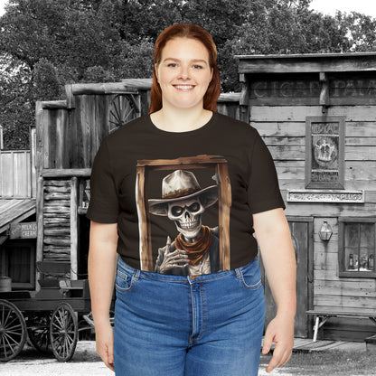 Spooky Saloon Showdown Gunslinging Skeleton Cowboy Halloween Unisex Jersey Short Sleeve Tee