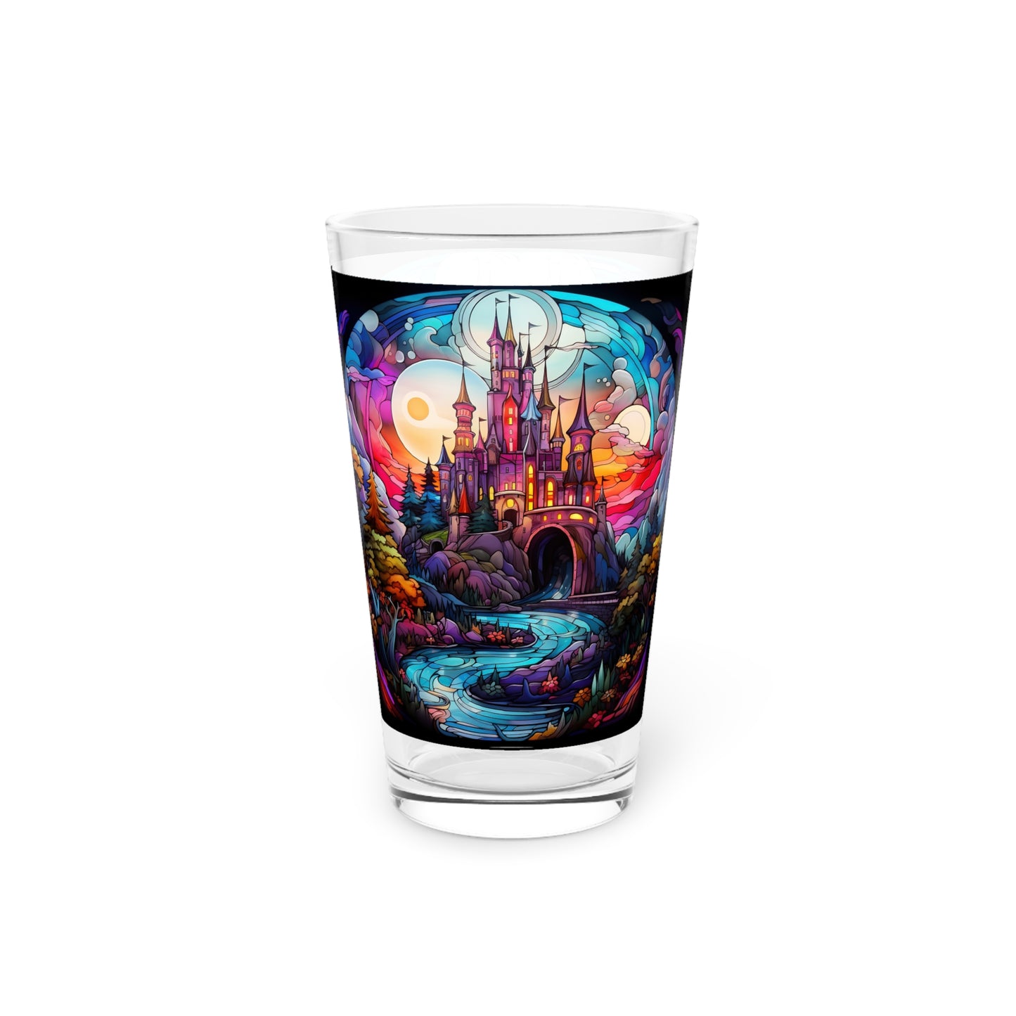 Enchanted Castle by the Creek: A Magical Stained Glass Artwork on a 16oz Pint Glass Gift idea, gifts for home decor, housewarming gift