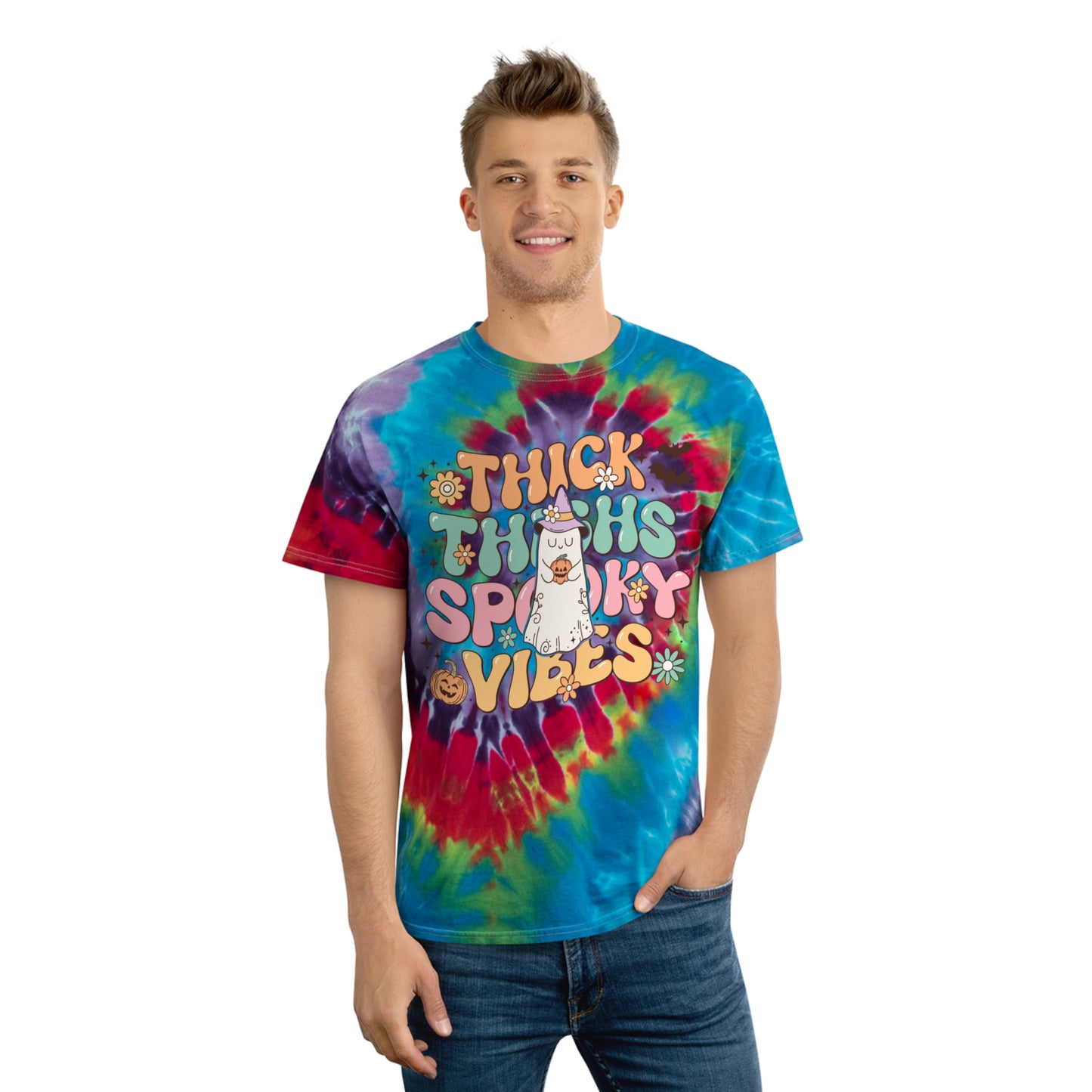 Thick Thighs Spooky Vibes Retro Groovy Halloween Tie-Dye Tee, Spiral Gifts for Him GIfts For Her