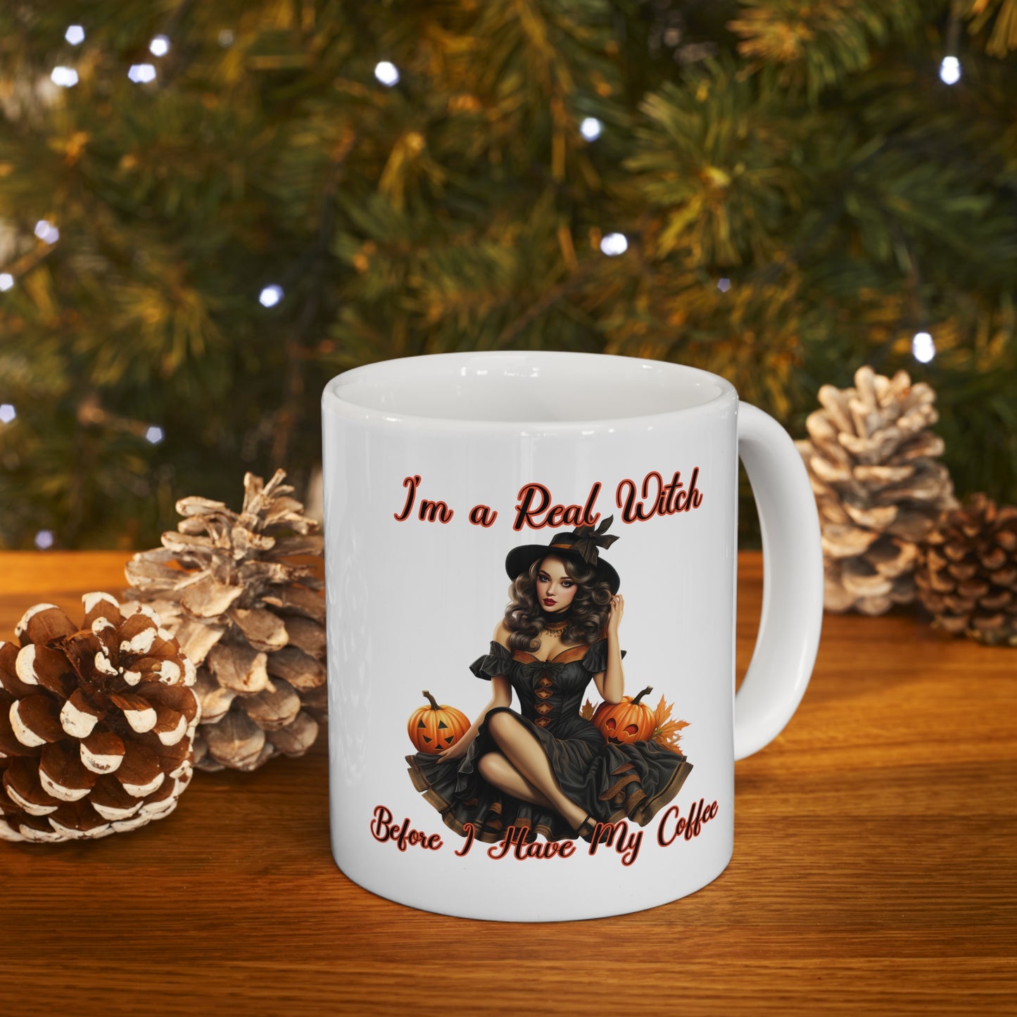 Vintage Pinup Witch: Sip Your Spells in Style "I'm a real Witch before I have my coffee" Halloween Ceramic 11oz Mug Gifts for her