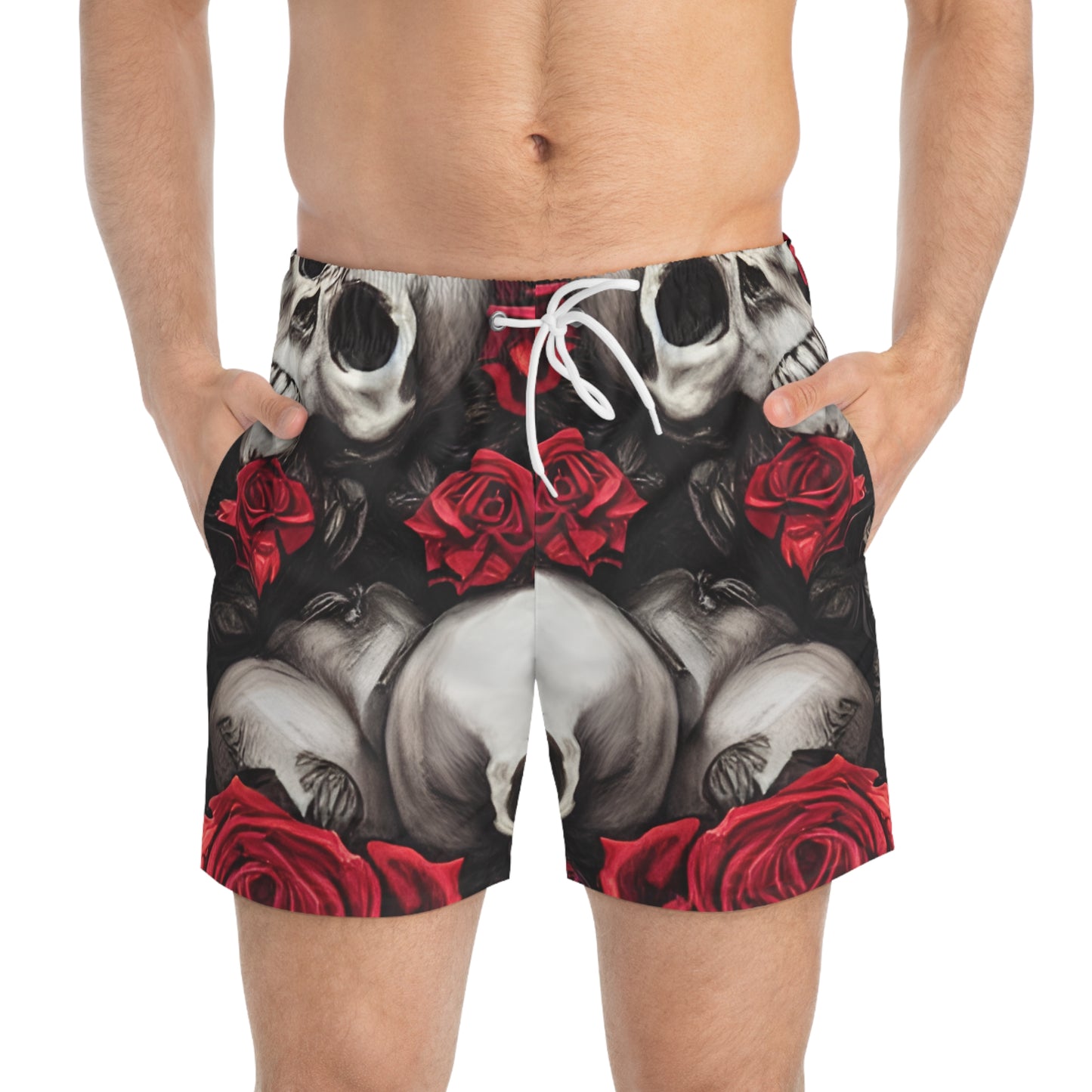 Hyper Realistic Skulls and Red Roses by artist Anne-Laure Goupil Swim Trunks (AOP)