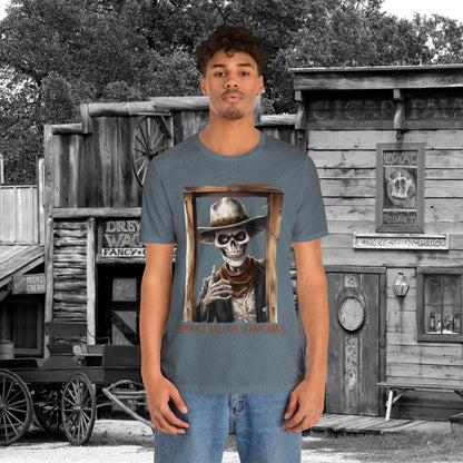 Spooky Saloon Showdown Gunslinging Skeleton Cowboy Halloween Unisex Jersey Short Sleeve Tee