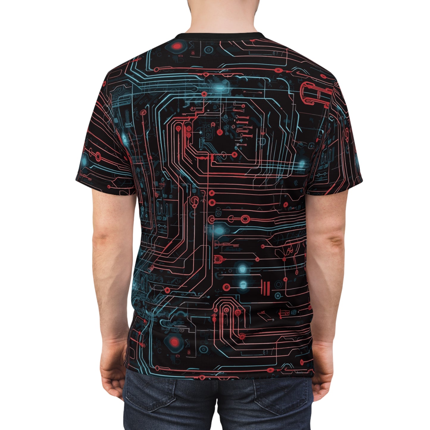 CyberPunk Cybernetic Skull breaking through a Red and Blue Neon Circuit Board Unisex Cut & Sew Tee (AOP)