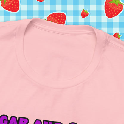 Sarcastic Elegance: Vintage Pink Pinup Girl "Sugar and Spice" on a Bella+Canva 3001 Unisex Jersey T-Shirt - A Must-Have Gift for her