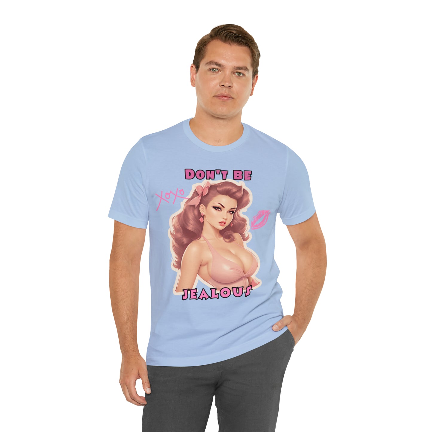 Timeless Elegance: Vintage Pink Pinup Girl "Don't Be Jealous" on a Bella+Canva 3001 Unisex Jersey T-Shirt - A Must-Have Gift for her