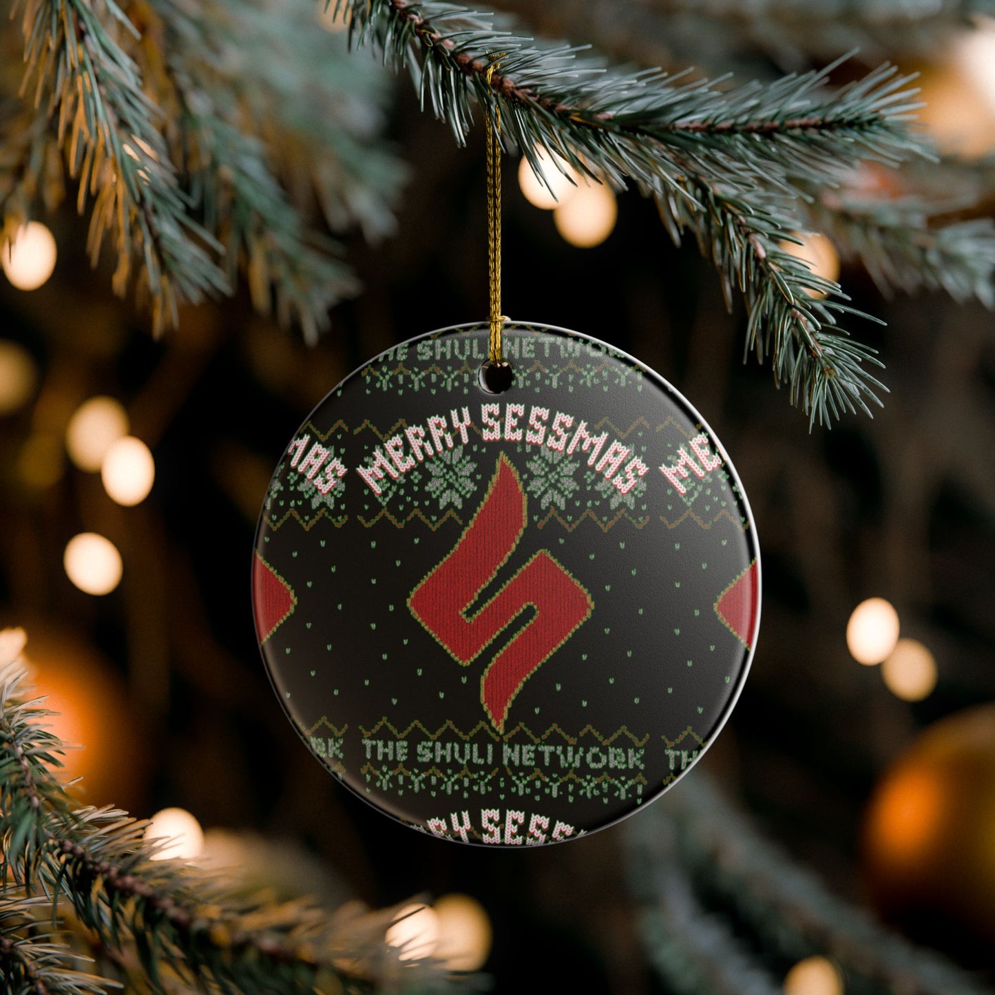 Ceramic Ornament — 'Merry Sessmas' Holiday Tree Decoration (Shuli Network Knit Design)