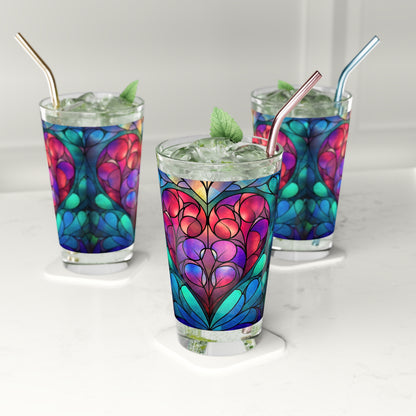 Love in Full Spectrum: A Vibrant Rainbow Heart Stained Glass artwork on a 16oz Pint Glass Gift idea gifts for home decor housewarming gift