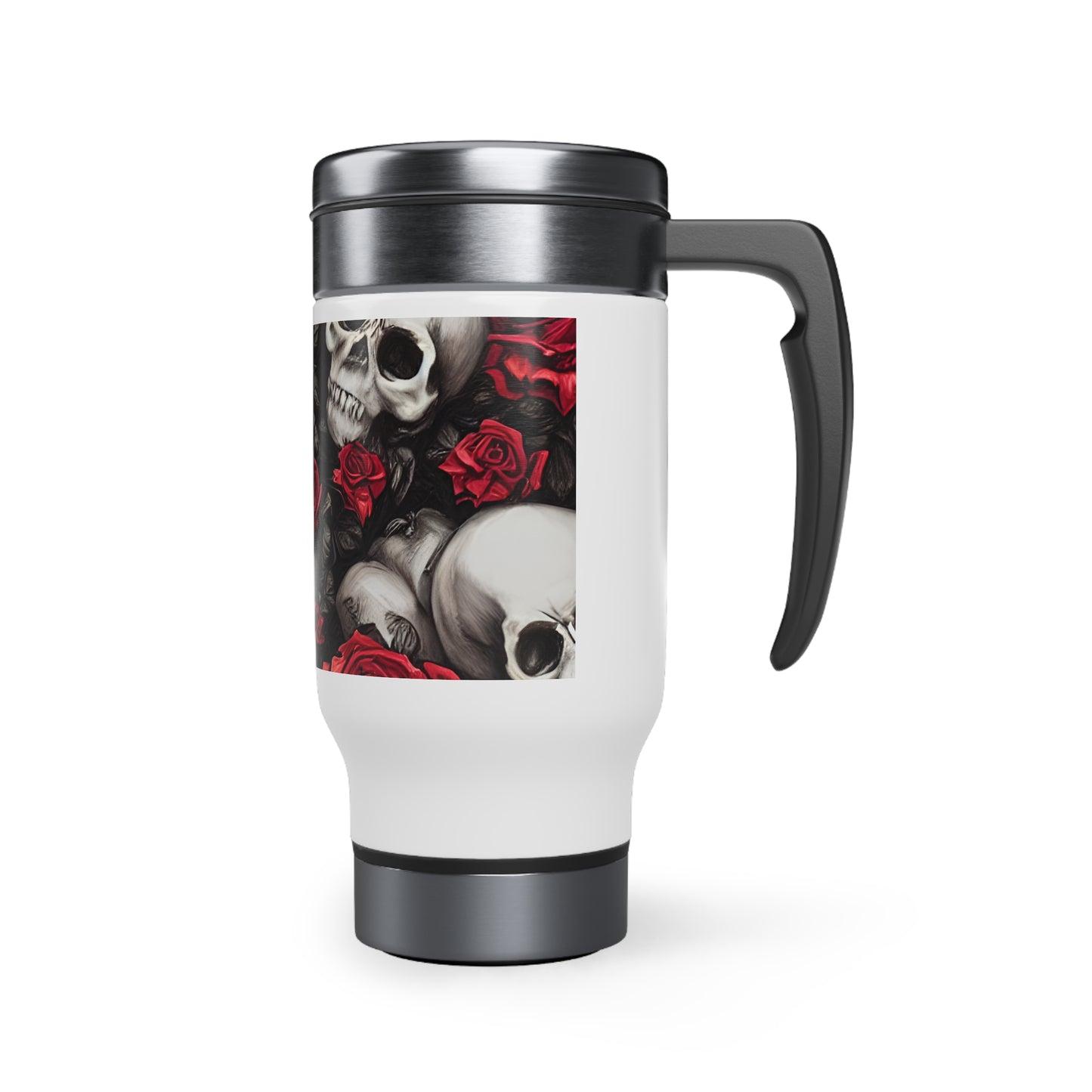 Hyper Realistic Skulls and Red Roses by artist Anne-Laure Goupil Stainless Steel Travel Mug with Handle, 14oz