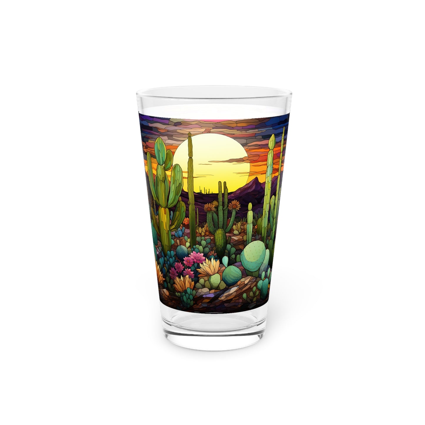 Nighttime in the Desert with a Cactus Bloom: A Stained Glass Tribute to Cacti 16oz Pint Glass Gift idea gifts for home decor housewarming gift