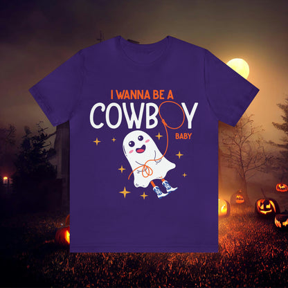 Little Ghost Saying I wanna be a cowboy baby Retro Groovy Western Halloween Unisex Jersey Short Sleeve Tee Gifts for Him Gifts for her.