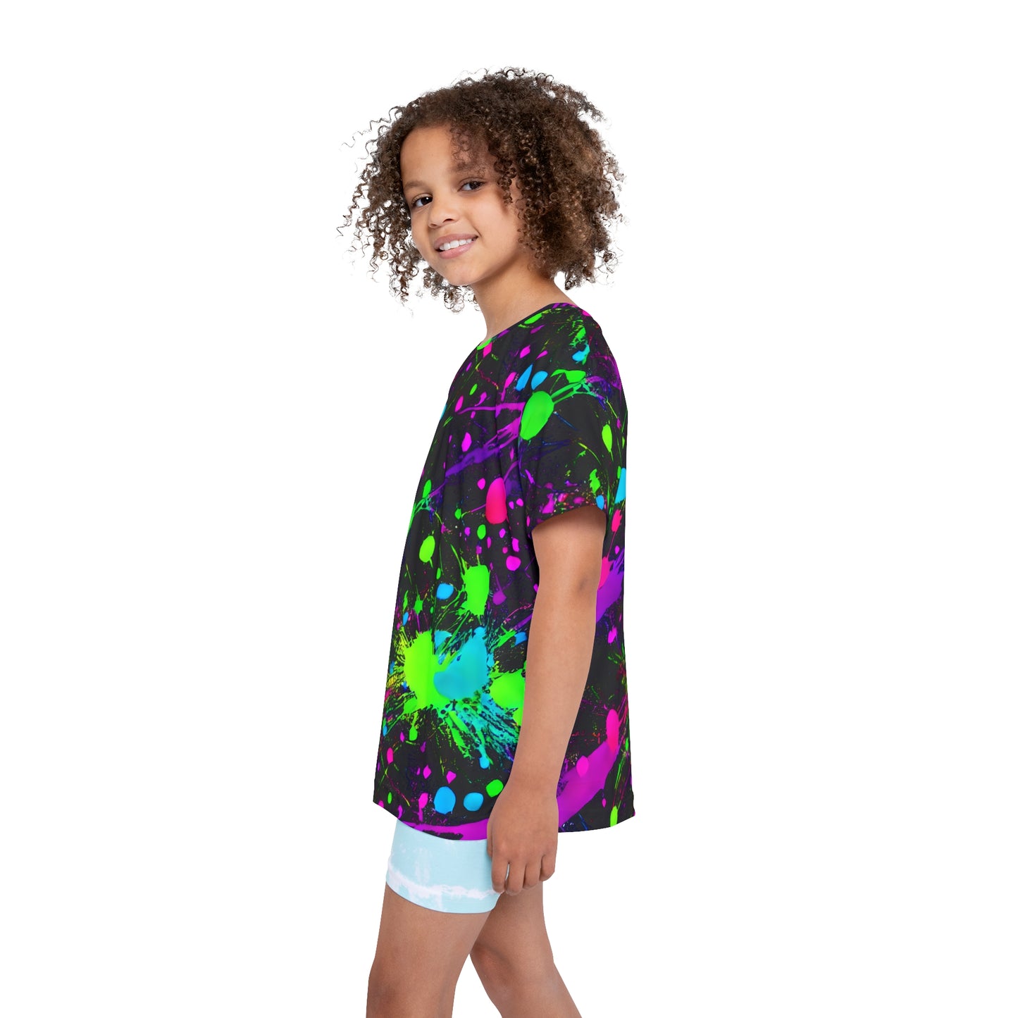 Expressive Play: All Over Print Kid Sport Jersey with Green and Pink Paint Splats