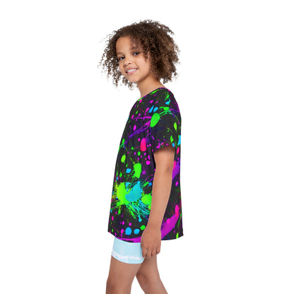Expressive Play: All Over Print Kid Sport Jersey with Green and Pink Paint Splats
