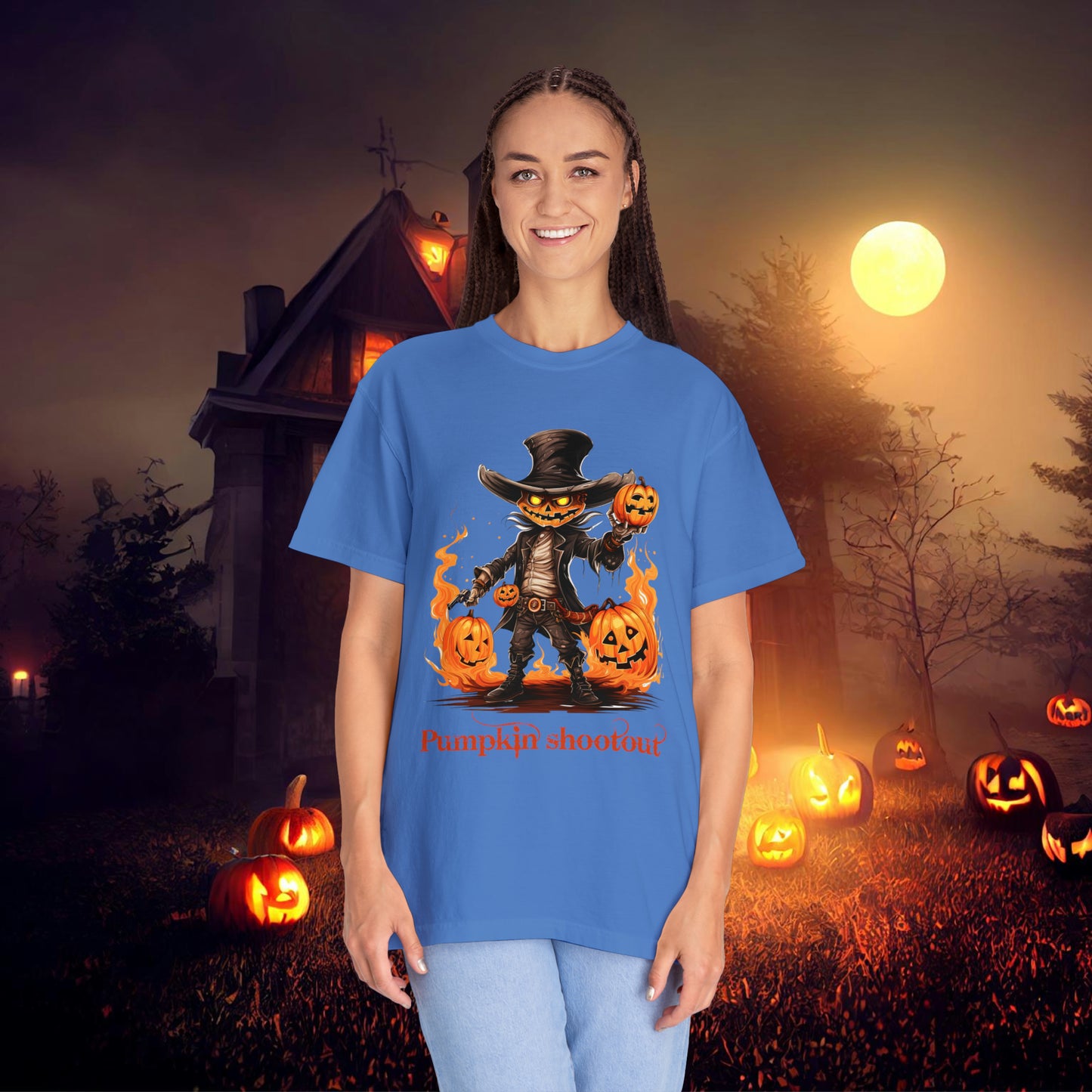 Cowboy Skeleton Gunslinger Pumpkin Shoot Out Halloween Unisex Garment-Dyed T-shirt Gifts for her Gifts for him