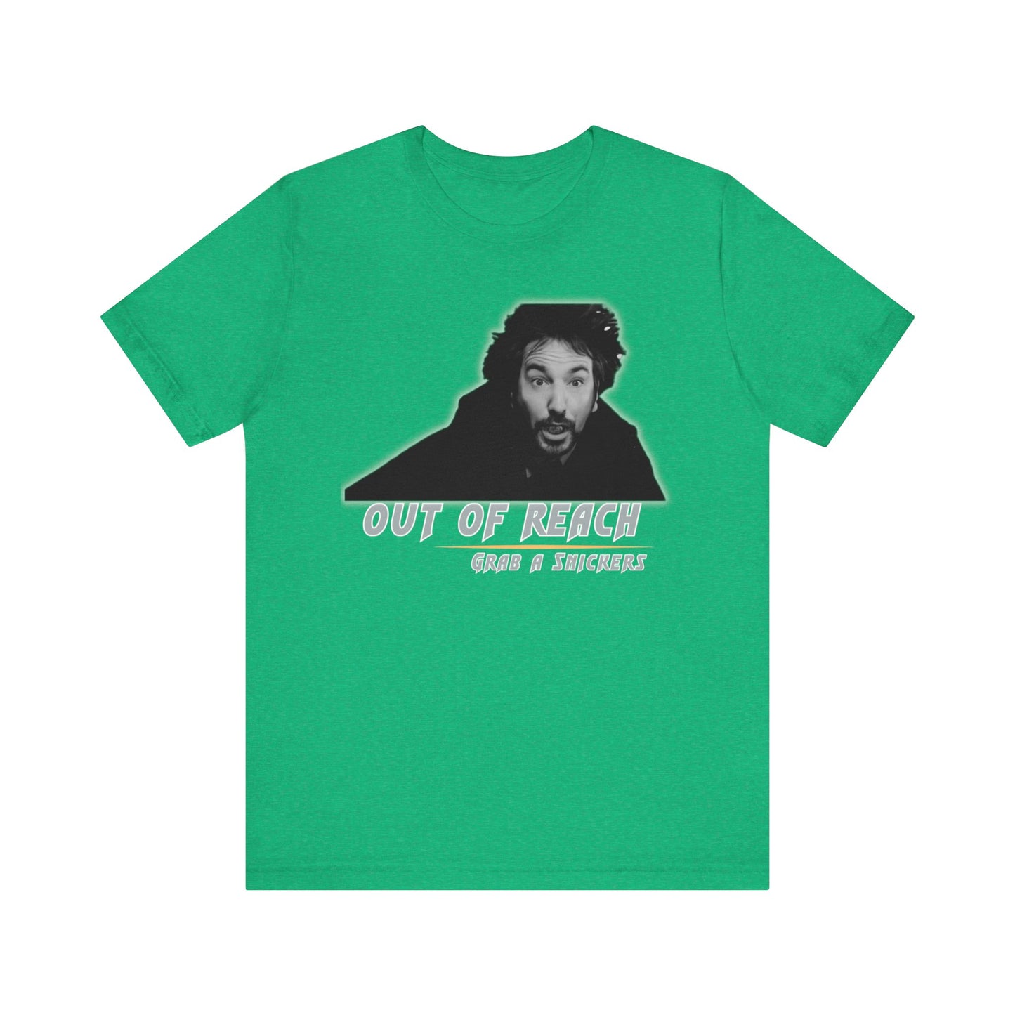 Inspired Parody Die Hard Hans Gruber Tee: Out of Reach, Grab a Snickers! Unisex Jersey Short Sleeve Tee