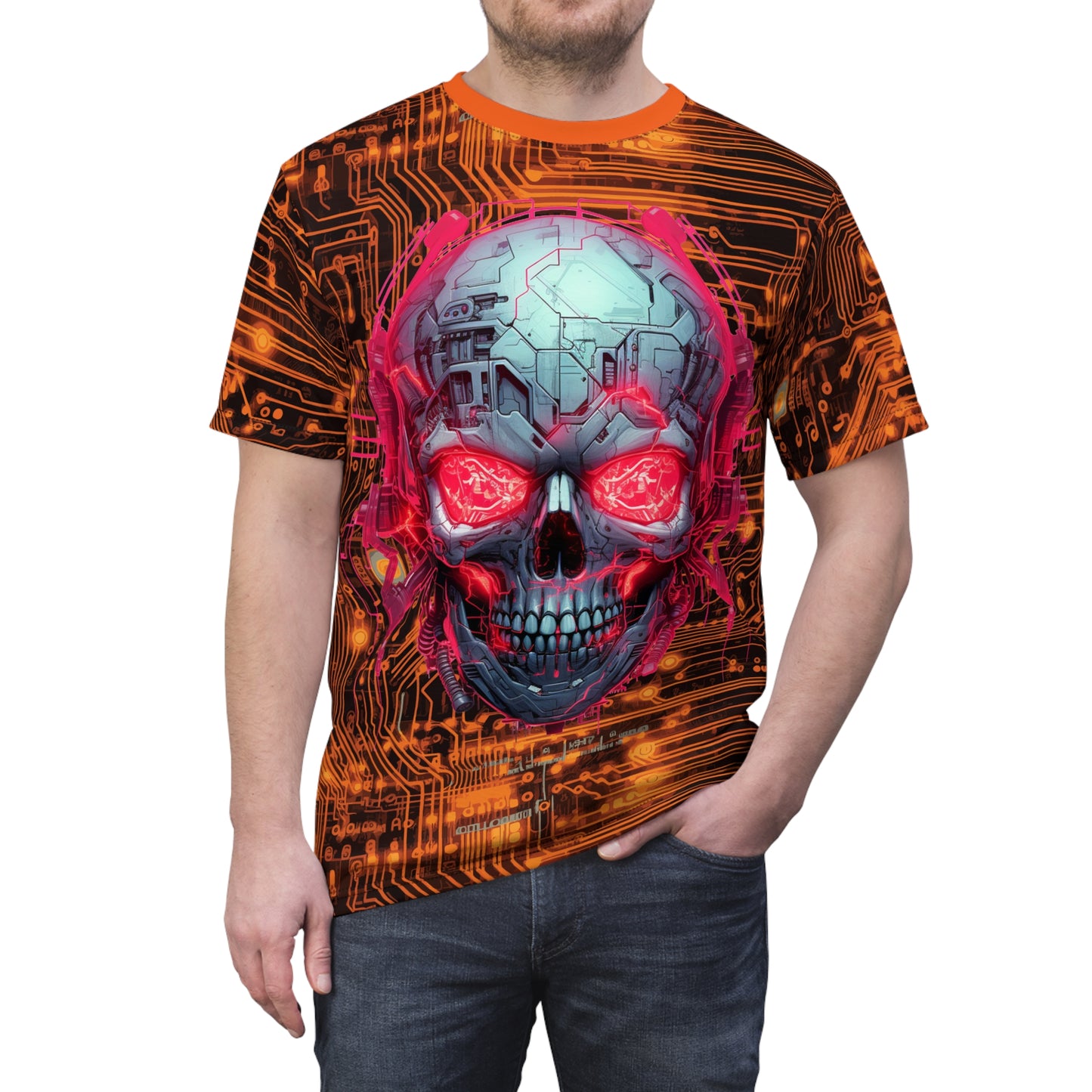 CyberPunk Cybernetic Skull breaking through a Orange Neon Circuit Board Unisex Cut & Sew Tee (AOP) Gifts for her Gifts for Him