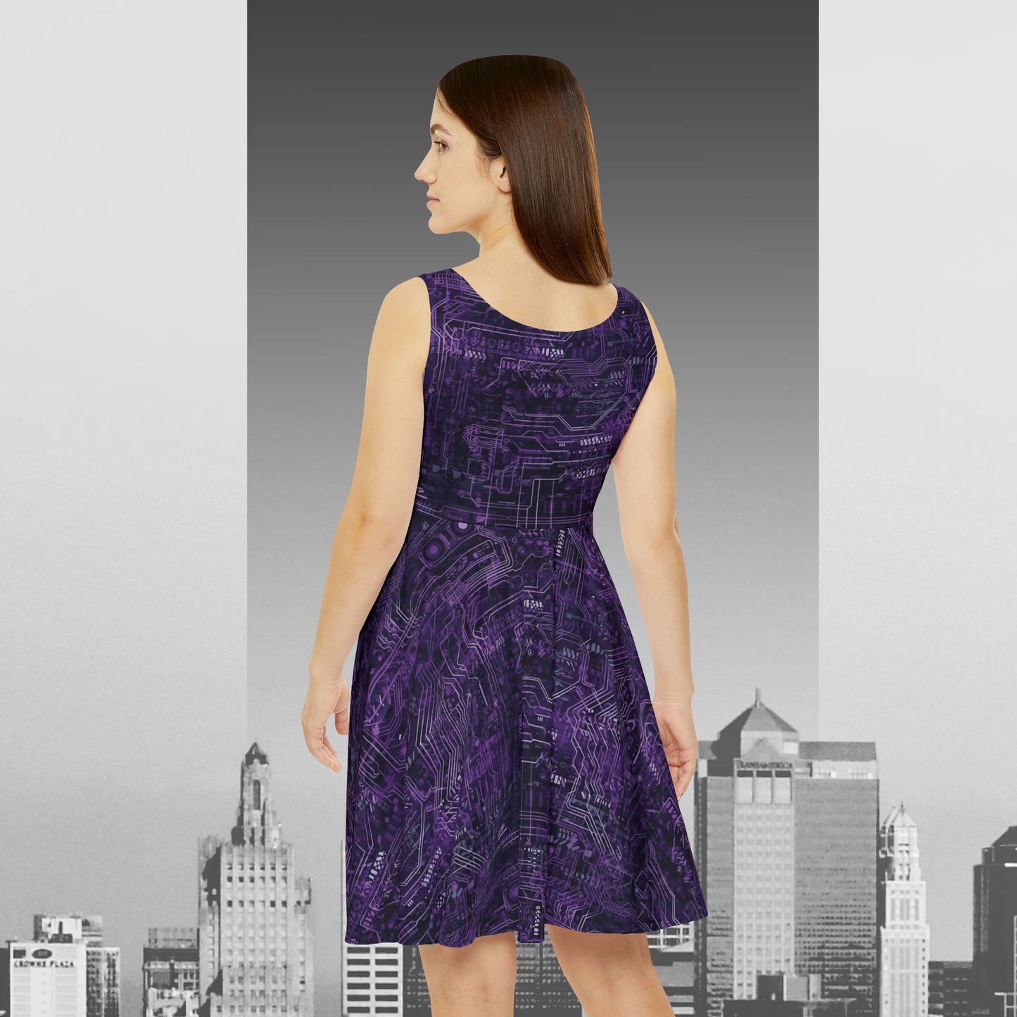 CyberPunk Cybernetic Skull breaking through a Purple Neon Circuit Board Women's Skater Dress (AOP)