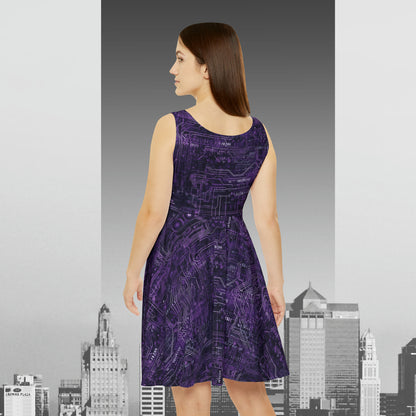 CyberPunk Cybernetic Skull breaking through a Purple Neon Circuit Board Women's Skater Dress (AOP)