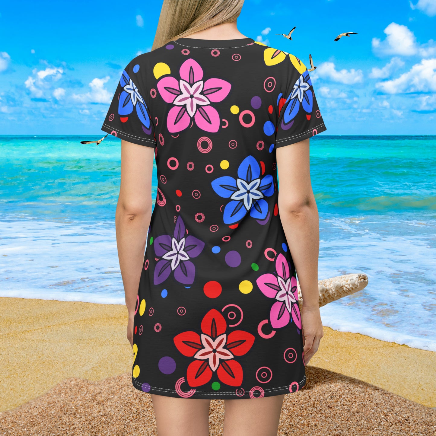 Retro Colorful Flowers Feeling Groovy All Over  T-Shirt Dress (AOP)