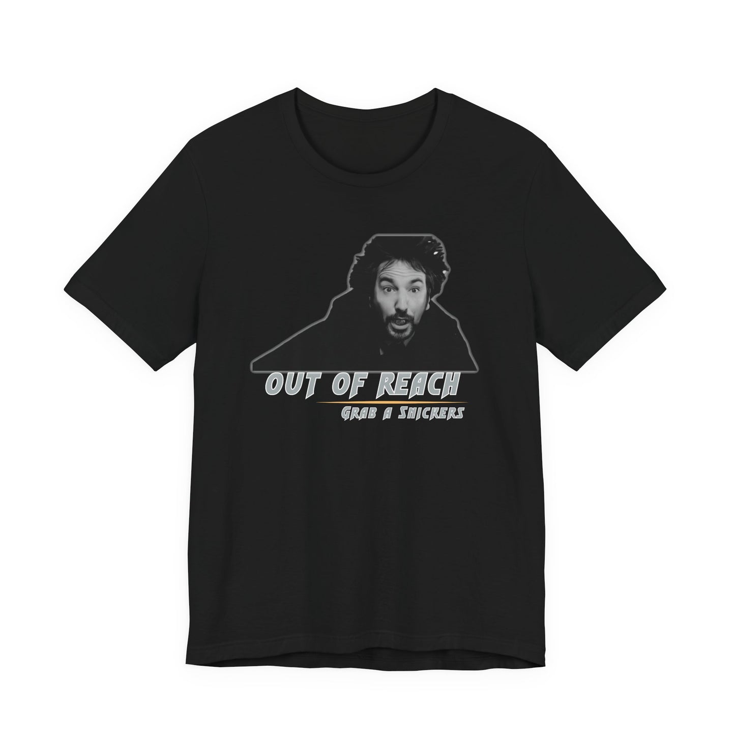 Inspired Parody Die Hard Hans Gruber Tee: Out of Reach, Grab a Snickers! Unisex Jersey Short Sleeve Tee