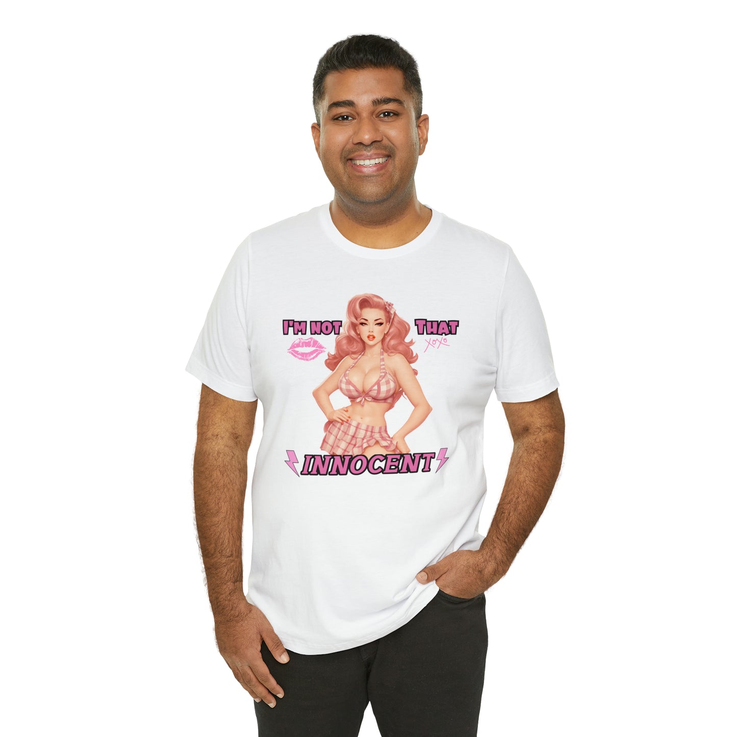 Timeless Elegance: Vintage Pink Pinup Girl "I'm not that Innocent on a Bella+Canva 3001 Unisex Jersey T-Shirt - A Must-Have Gift for her