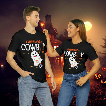 Little Ghost Saying I wanna be a cowboy baby Retro Groovy Western Halloween Unisex Jersey Short Sleeve Tee Gifts for Him Gifts for her.