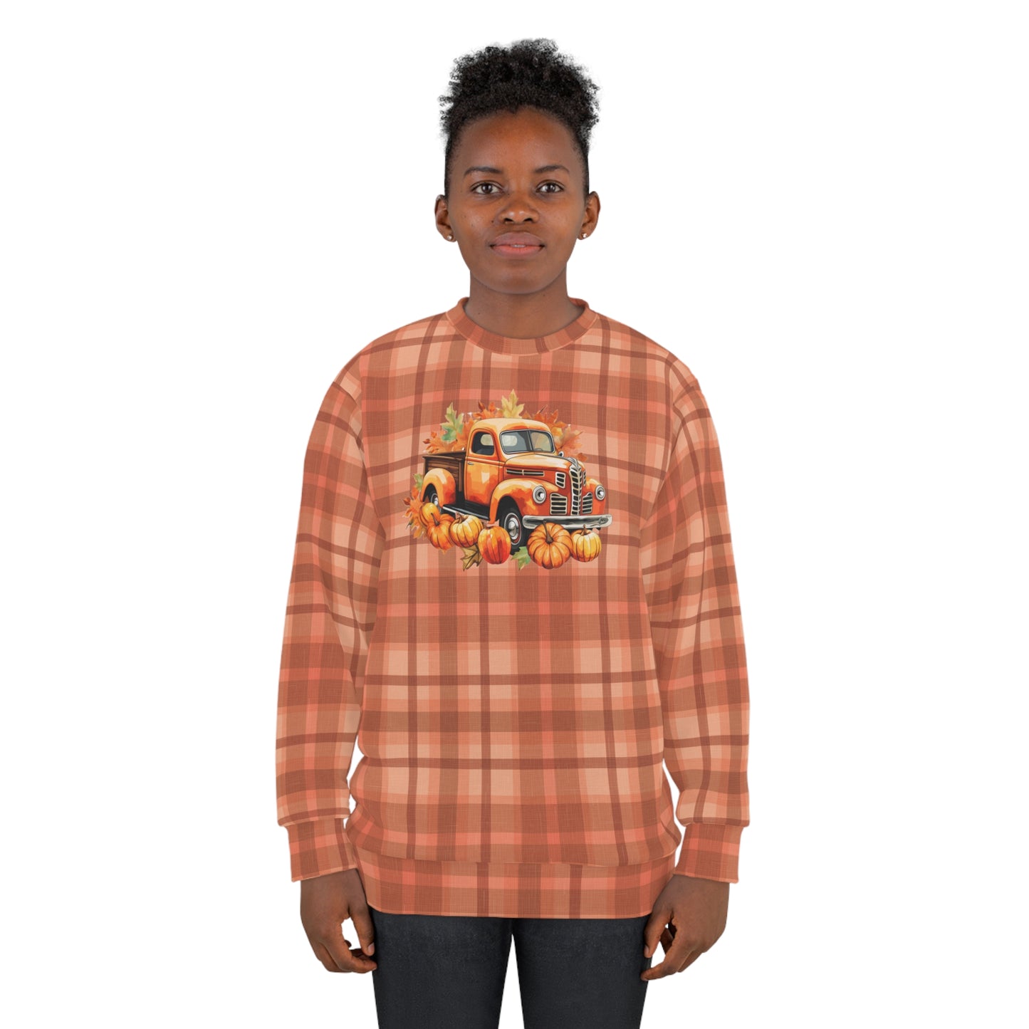 Vintage Orange Pickup and Pumpkins on a Plaid pattern Unisex Fall Sweatshirt (AOP) - Celebrate Autumn in Cozy Style