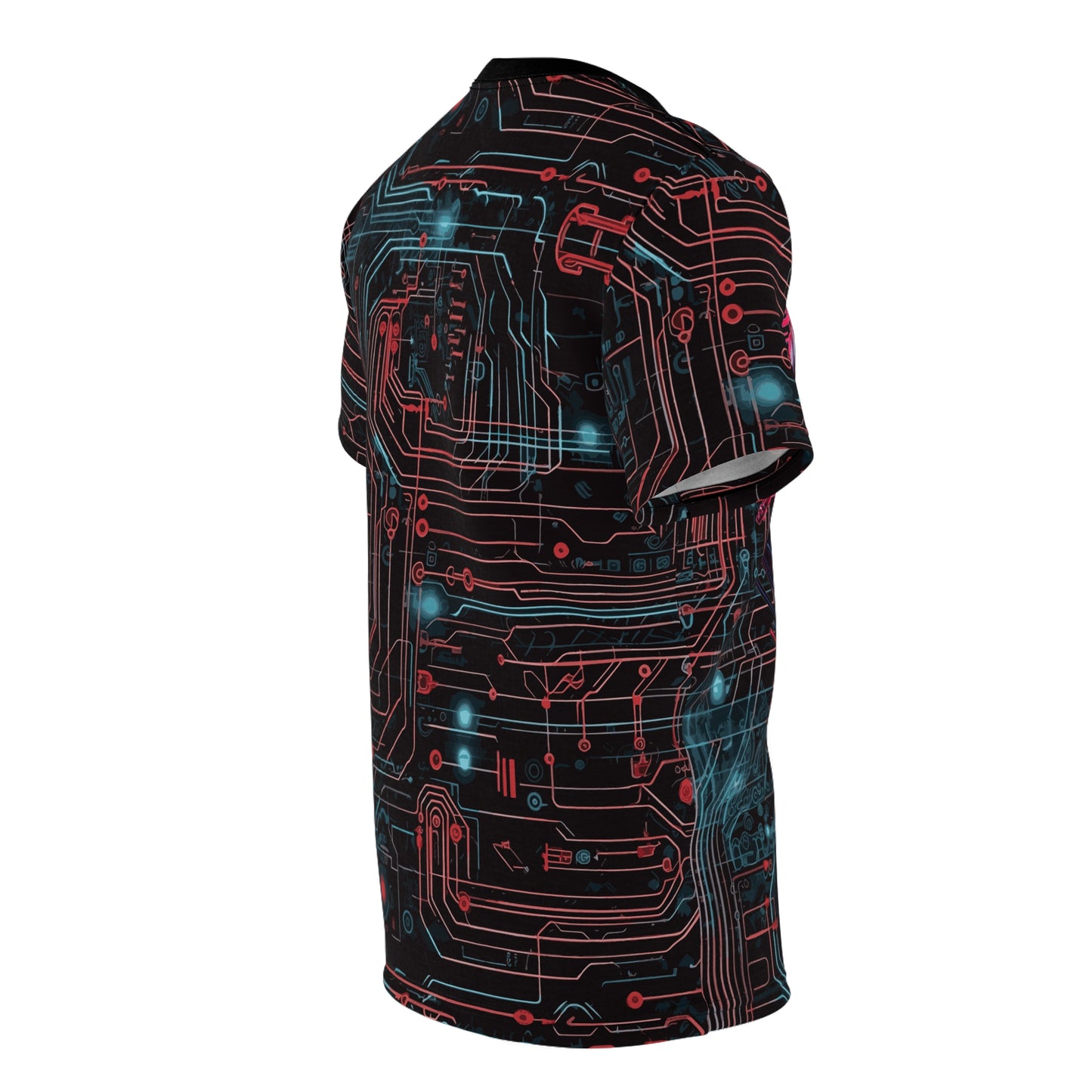 CyberPunk Cybernetic Skull breaking through a Red and Blue Neon Circuit Board Unisex Cut & Sew Tee (AOP)