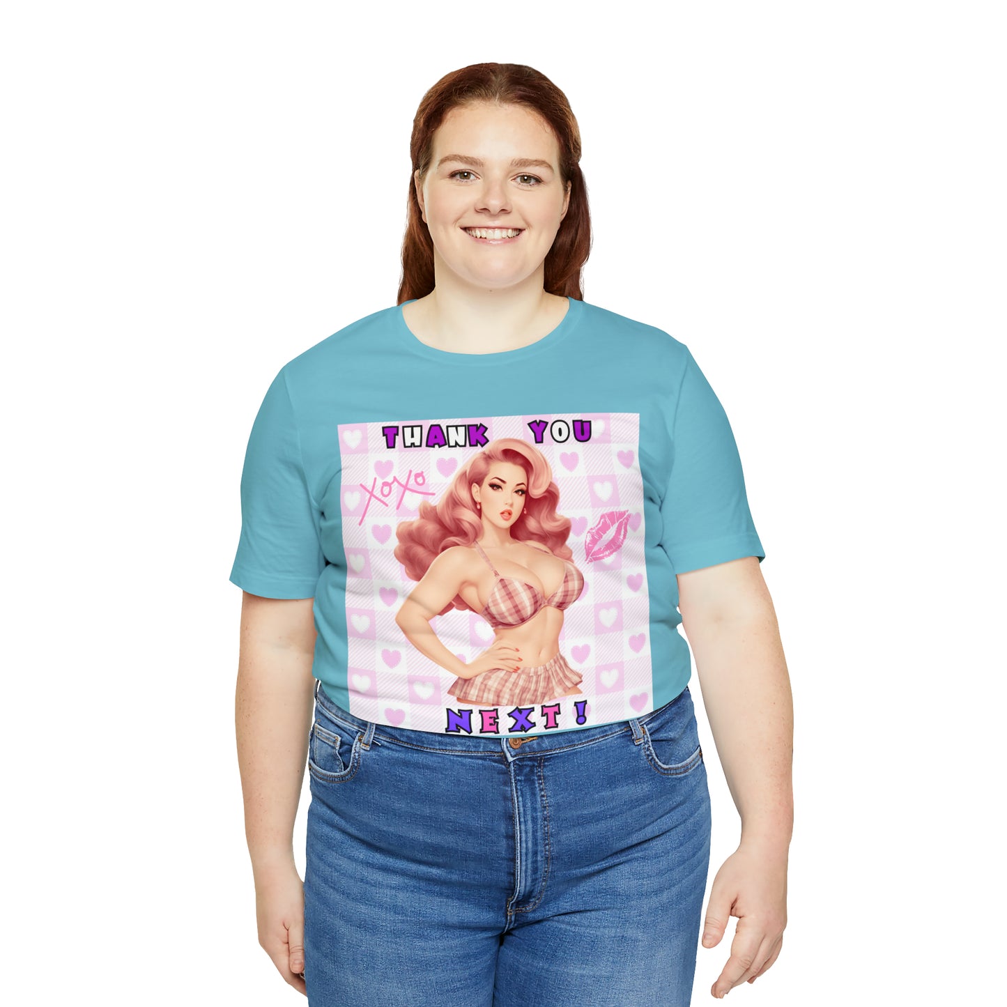 Timeless Elegance: Vintage Pink Pinup Girl "Thank You Next" on a Bella+Canva 3001 Unisex Jersey T-Shirt - A Must-Have Gift for her