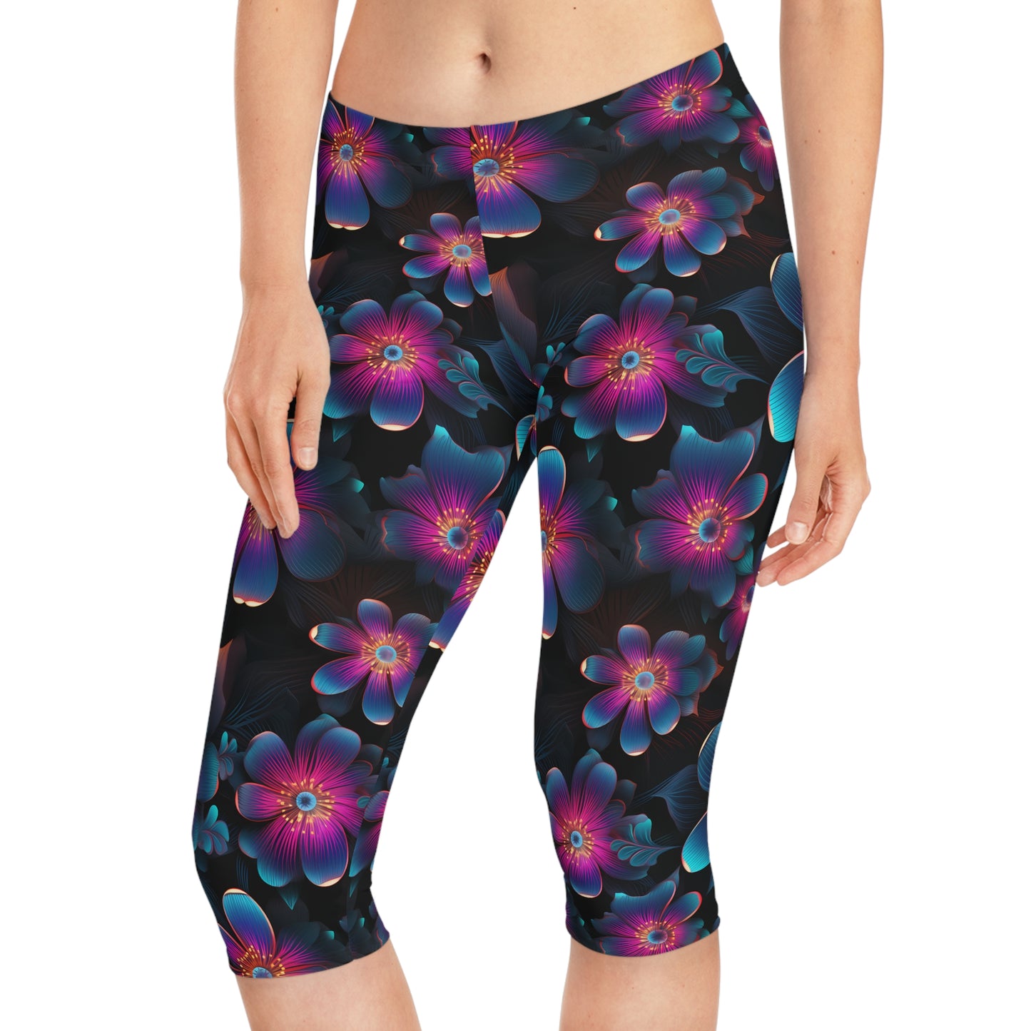 Women's Capri Leggings with Neon Flower Pattern - Vibrant AOP Activewear