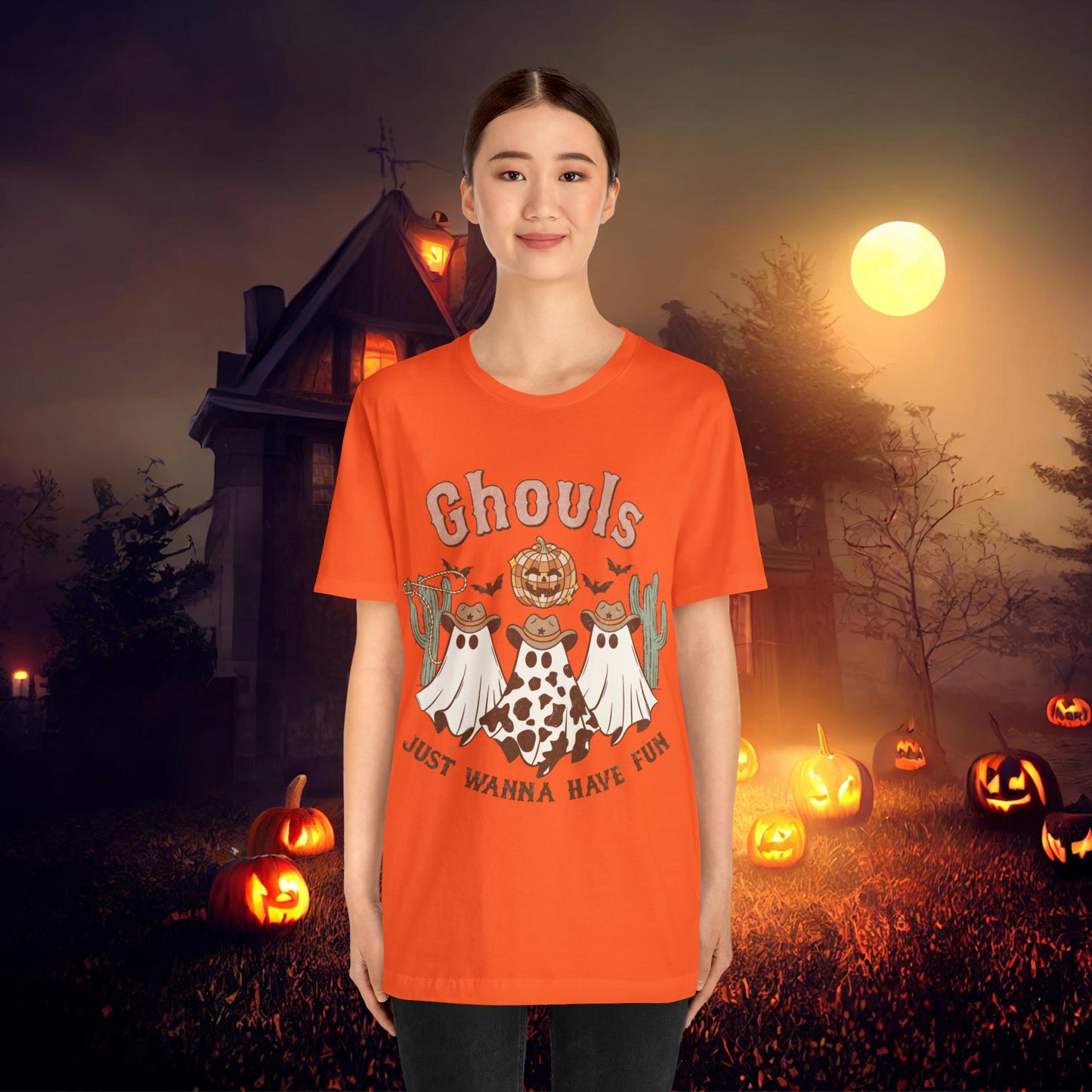 Ghouls Just wanna have fun Cowgirl Ghosts Retro Halloween Unisex Jersey Short Sleeve Tee Gifts for her