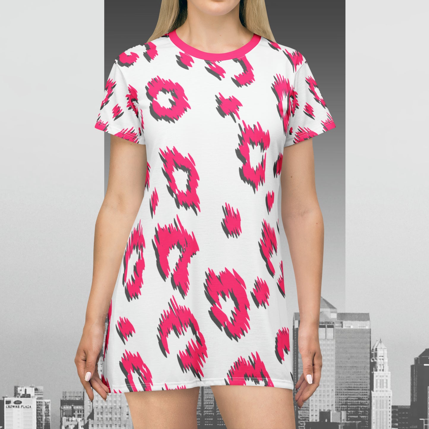 Pink Leopard Print T-Shirt Dress (AOP)