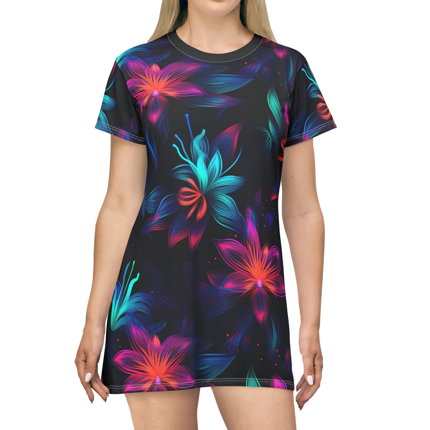 Neon Bloom Delight: All Over Print T-Shirt Dress