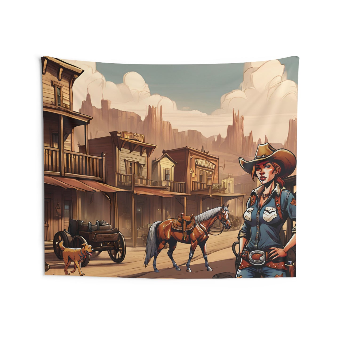 Rustle Up Charm: Cowgirl in a Western Town Indoor Tapestry - Vintage Frontier Décor