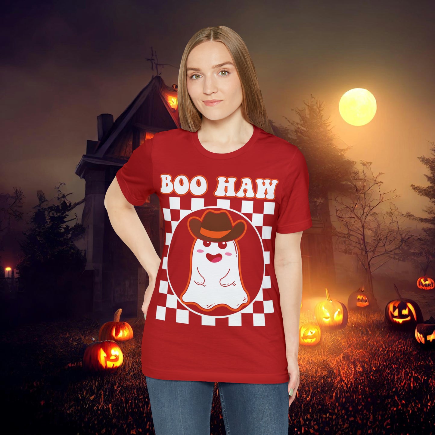 Cute Cowboy Ghost Saying Boo Haw Retro Groovy Western Halloween Unisex Jersey Short Sleeve Tee Gifts for Him Gifts For Her