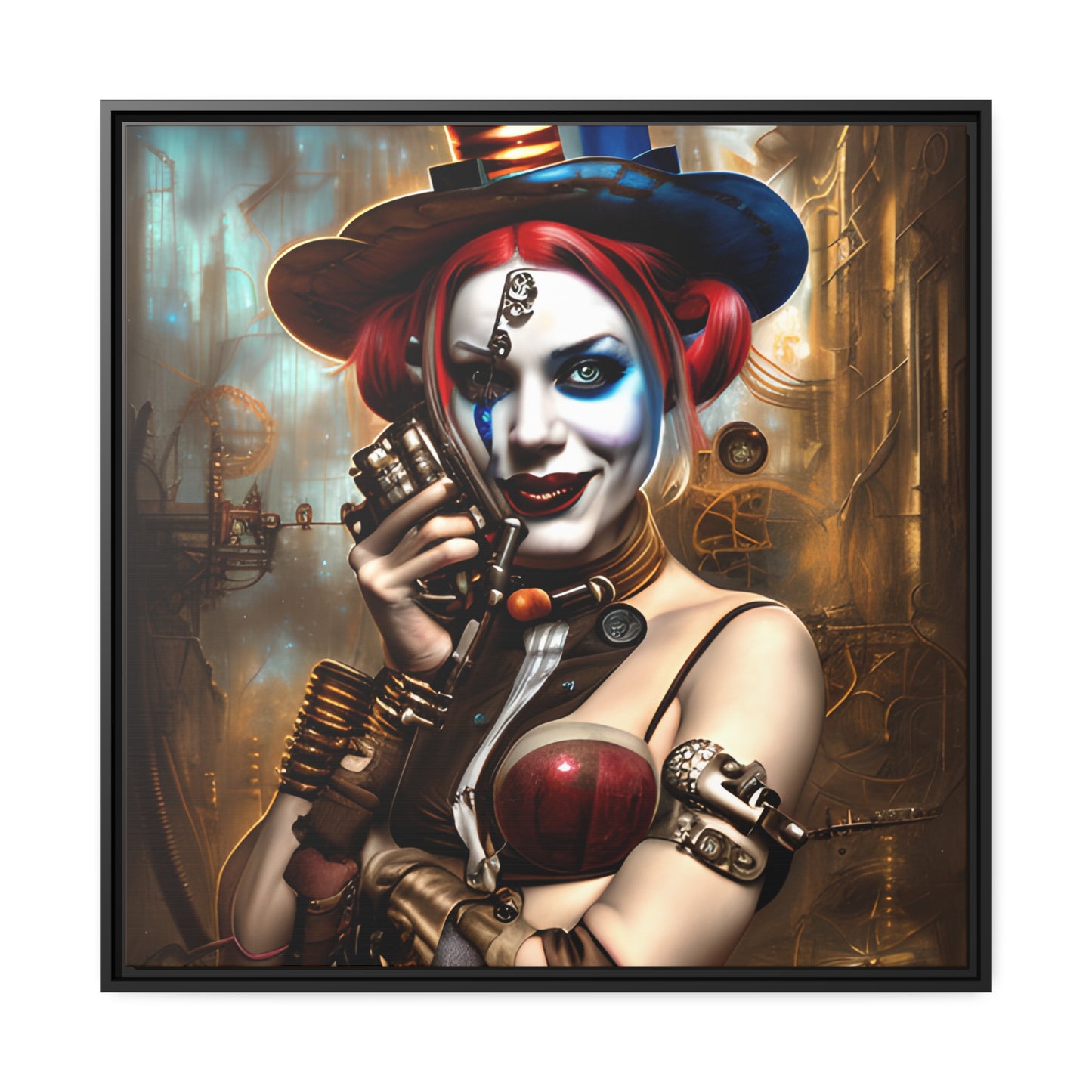 Hyper Realistic Steampunk Harley Quinn Matte Canvas, Black Frame