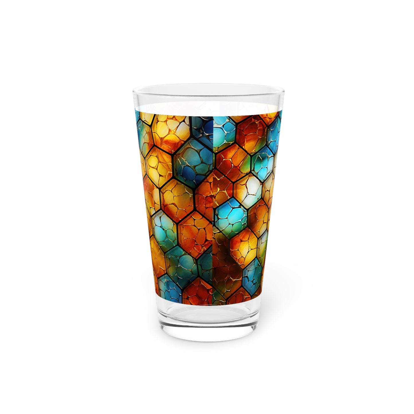 Buzzing Beauty: A Blue and Yellow Honeycomb Stained Glass Artwork on a 16oz Pint Glass Gift idea gifts for home decor housewarming gift