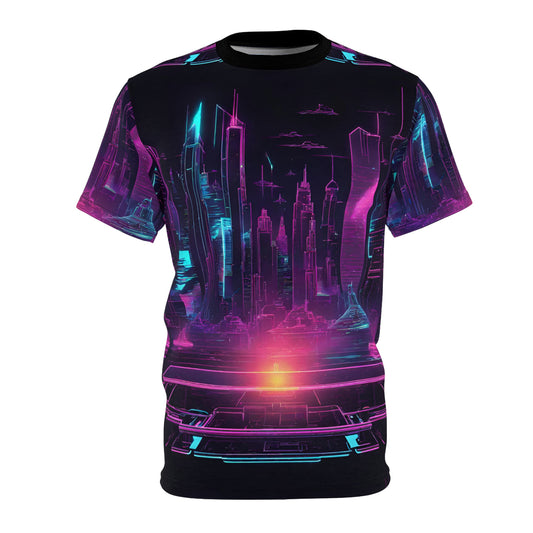 Futuristic Neon City Unisex Tee, Retro Graphic Shirt, Sci-Fi Fashion Top, Gift for Tech Lovers, AOP T-Shirt