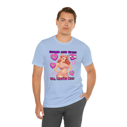 Sarcastic Elegance: Vintage Pink Pinup Girl "Sugar and Spice" on a Bella+Canva 3001 Unisex Jersey T-Shirt - A Must-Have Gift for her